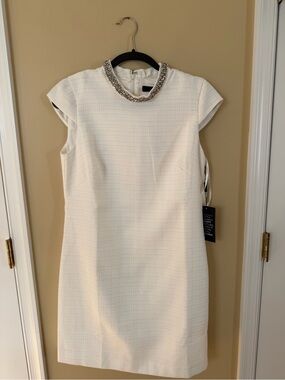 White House Black Market Ivory Beaded Neck Shift Dress